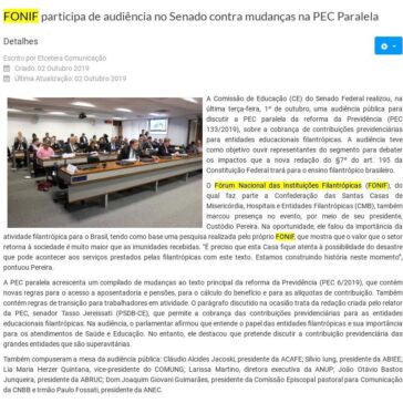 FONIF participa de audiência no Senado contra mudanças na PEC Paralela – Confederação Nacional das Santas Casas