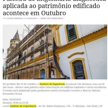 Palestra de Engenharia diagnóstica aplicada ao patrimÒnio edificado acontece em Outubro- ArqXP