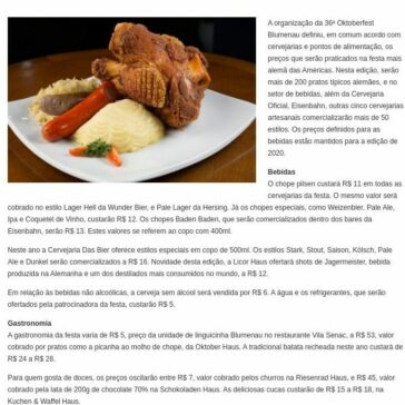 Definidos preços da gastronomia e bebidas da 36ª Oktoberfest Blumenau Preços das bebidas serão os mesmos em 2020. Compartilhar no WhatsApp- Prefeitura de Blumenau/SC