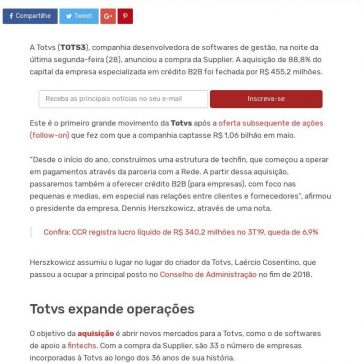 Totvs anuncia compra Supplier por R$ 455,2 milhões- Suno