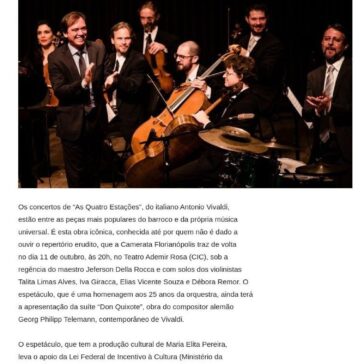 Camerata saúda a primavera levando “As quatro estações” de Vivaldi para o teatro do CIC Informe- Online/SC