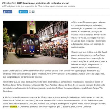 Oktoberfest 2019 também é sinônimo de inclusão social A 36ª edição da festa, que segue até o dia 27 de outubro, apresenta mais uma novidade- Prefeitura de Blumenau/SC