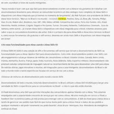 Alexa Skills de Bradesco, Turma da MÒnica e iFood; experiências de casa inteligente com Positivo, Philips Hue, D-Link; dispositivos com Alexa integrada de I – Agito SP
