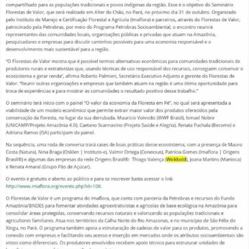 Economia da floresta em pé é tema de seminário na Amazônia- Amazônia (On-line)