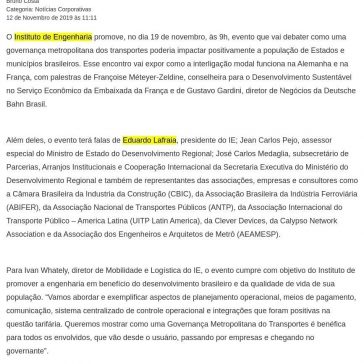 Instituto de Engenharia debate integração do transporte público metropolitano em evento na cidade de São Paulo – Porto Gente