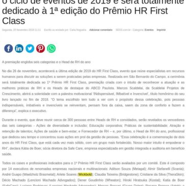 Evento no ABCD – 8° HR First Class encerra o ciclo de eventos de 2019 e será totalmente dedicado à 1ª edição do Prêmio HR First Class – SEGS