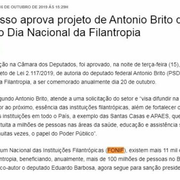 Congresso Nacional aprova projeto de Antonio Brito que institui o Dia Nacional da Filantropia – Tribuna de Itapetinga