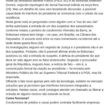 Veja como interfone do condomínio de Bolsonaro repassa chamada para celular -Central de Notícias