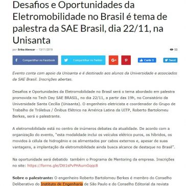 Desafios e Oportunidades da Eletromobilidade no Brasil é tema de palestra da SAE Brasil, dia 22/11, na Unisanta – Unisanta