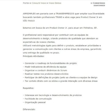 APPSIMPLES em parceria com a TRANSEMPREGOS quer ampliar sua Diversidade buscando também profissionais TRANS e abre vaga para Product Owner Jr em SÃO PAULO – Consulte VAGAS