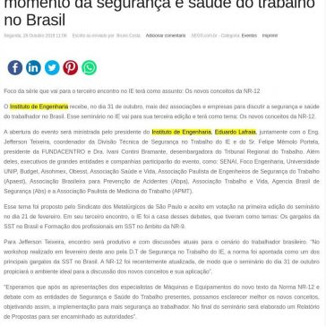 Instituto de Engenharia debate sobre o momento da segurança e saúde do trabalho no Brasil – SEGS