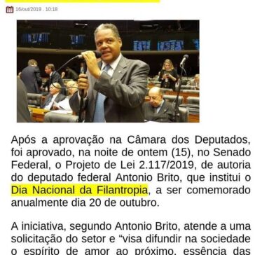 CONGRESSO NACIONAL APROVA PROJETO DE ANTONIO BRITO QUE INSTITUI O DIA NACIONAL DA FILANTROPIA – Blog Políticos do Sul da Bahia