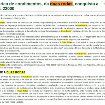 Fábrica de condimentos, da duas rodas, conquista a fssc 22000