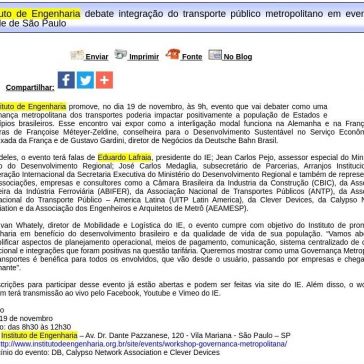 Instituto de Engenharia debate integração do transporte público metropolitano em evento na cidade de São Paulo – Difundir