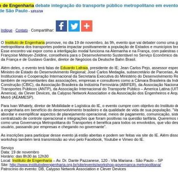 Instituto de Engenharia debate integração do transporte público metropolitano em evento na cidade de São Paulo – JorNow