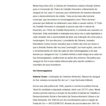 Sessão Solene concede títulos honorários e beneméritos do município de Jaraguá do Sul – RBN