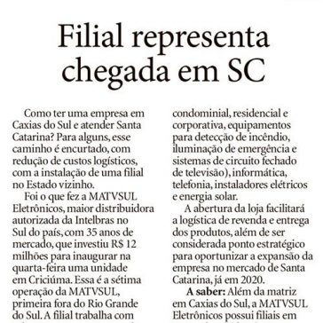 Filial representa chegada em SC – Pioneiro