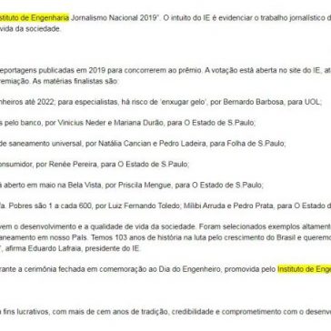 IE entrega em 11 de dezembro, o prêmio Instituto de Engenharia Jornalismo Nacional 2019 – Metalica