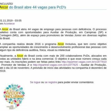 Arcor do Brasil abre 44 vagas para PcD’s – Brasil Alimentos