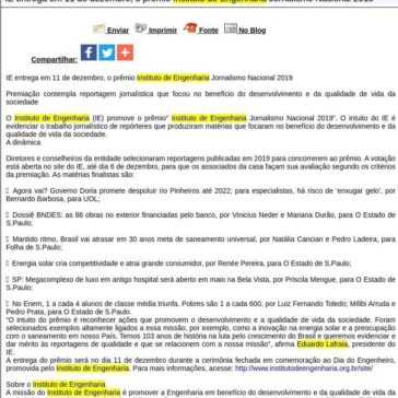 IE entrega em 11 de dezembro, o prêmio Instituto de Engenharia Jornalismo Nacional 2019 – Difundir