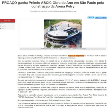 PROAÇO ganha Prêmio ABCIC Obra do Ano em São Paulo pela construção da Arena Petry – Radio Sintonia