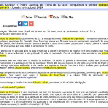 Natália Cancian e Pedro Ladeira, da Folha de S.Paulo, conquistam o prêmio Instituto de Engenharia – Jornalismo Nacional 2019 – Difundir