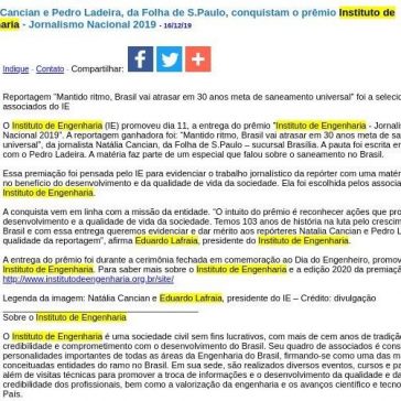 Natália Cancian e Pedro Ladeira, da Folha de S.Paulo, conquistam o prêmio Instituto de Engenharia – Jornalismo Nacional 2019 – JorNow