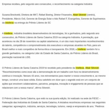 Intelbras é ganhadora do Prêmio Líderes de Santa Catarina 2019 – Porto Gente