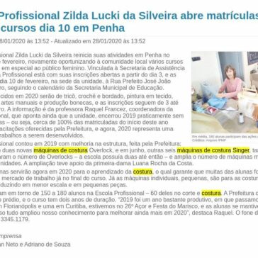 Escola Profissional Zilda Lucki da Silveira abre matrículas e reinicia cursos dia 10 em Penha – Município de Penha