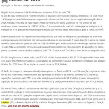 Região Sul movimentou US$ 5,8 bilhões em fusões em 2019 – Fusões & Aquisições