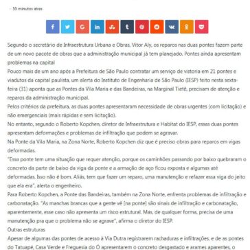 Pontes da Vila Maria e das Bandeiras, na Marginal Tietê, precisam de reparos urgentes, diz Instituto de Engenharia – Rádio Blog Peão