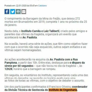 Tragédia de Brumadinho completa 1 ano e vítimas são homenageadas em SP – Jornal da Franca