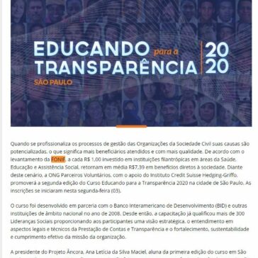 Começam as inscrições para o curso Educando para a Transparência 2020 – Tabloide de S. Paulo