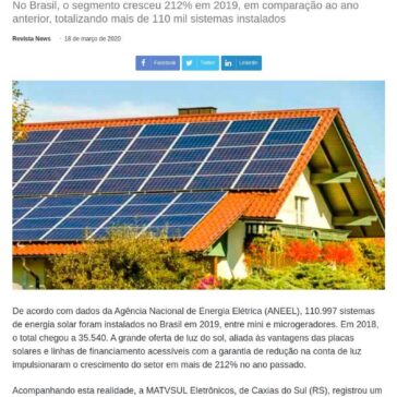 MATVSUL registra aumento de 150% nas vendas de sistemas de instalação de energia solar – Revista News