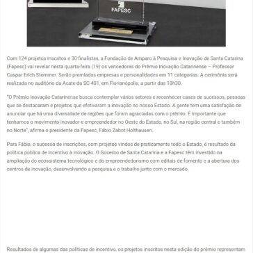 Fapesc entrega nesta quarta-feira o Prêmio Inovação Catarinense – Diário da Cidade
