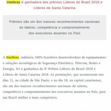 Intelbras é ganhadora dos prêmios Líderes do Brasil 2018 e Líderes de Santa Catarina – Call to Call