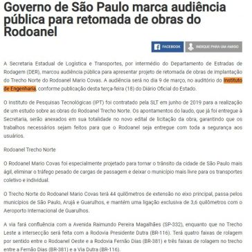 Governo de São Paulo marca audiência pública para retomada de obras do Rodoanel – Log Web