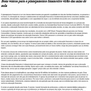 Bons ventos para o planejamento financeiro virão das salas de aula – Blog Jornal da Mulher