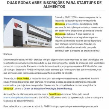Duas Rodas abre inscrições para startups de alimentos -Ti Bahia