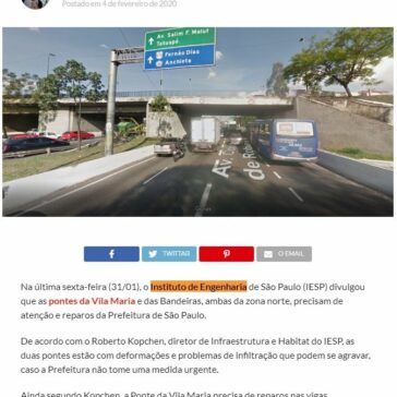 Pontes da Vila Maria e das Bandeiras precisam de atenção da Prefeitura, segundo IESP – SP Norte
