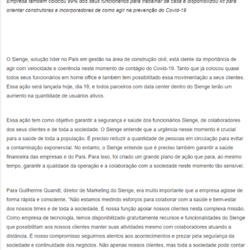 Sienge libera gratuitamente acessos adicionais aos seus clientes como forma de promover trabalho remoto – Portogente