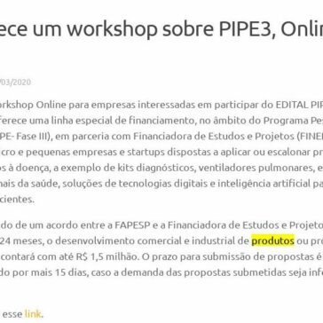 Cietec oferece um workshop sobre PIPE3, Online! Hoje às 14h – Agência USP de Inovação