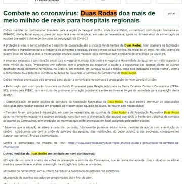 Combate ao coronavírus: Duas Rodas doa mais de meio milhão de reais para hospitais regionais – Aditivos & Ingredientes
