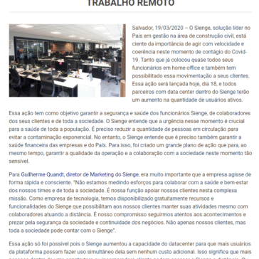 SIENGE LIBERA GRATUITAMENTE ACESSOS ADICIONAIS AOS SEUS CLIENTES COMO FORMA DE PROMOVER TRABALHO REMOTO – TI Bahia