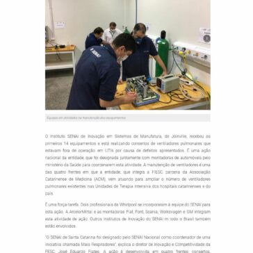 Em Joinville, SENAI inicia conserto de 14 ventiladores pulmonares que estavam fora de operação em UTIs – Tv Gc