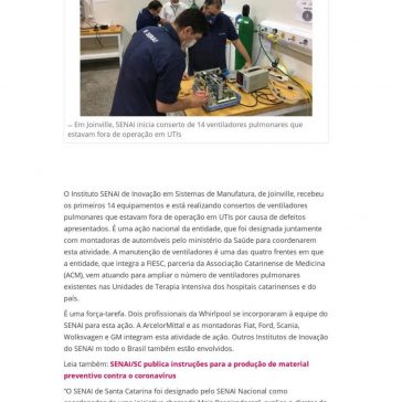 Em Joinville, SENAI inicia conserto de 14 ventiladores pulmonares que estavam fora de operação em UTIs – Portal Joinville