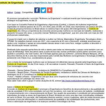 Instituto de Engenharia reforça a importância das mulheres no mercado de trabalho – JorNow
