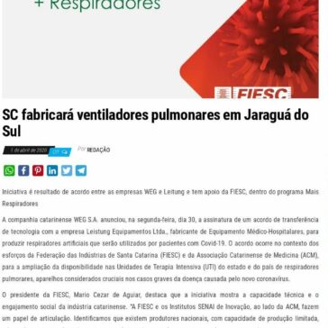 SC fabricará ventiladores pulmonares em Jaraguá do Sul – Timbó Net