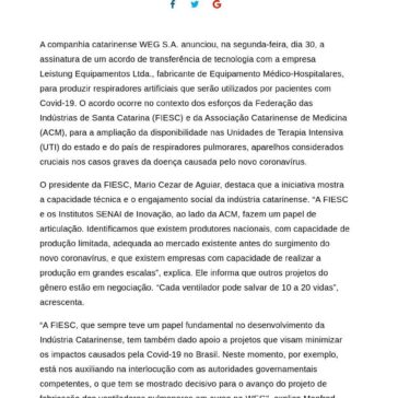SC fabricará ventiladores pulmonares em Jaraguá do Sul – Radio Araguaia 970AM