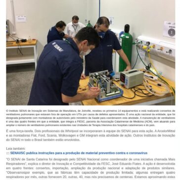 Em Joinville,SENAI inicia conserto de 14 ventiladores pulmonares que estavam fora de operação em UTI – Jornal Evolução